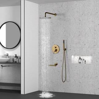 CASAINC 1-Spray Patterns Round 10 in. Wall Mount Dual Shower Heads with Handheld and Tub Faucet in Brushed Gold M6202-A-10-BG