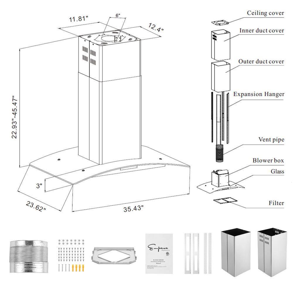 Empava Deluxe 36 in 400 CFM Ducted Glass Kitchen Island Range Hood in Stainless Steel with Glass Cover and Soft Controls