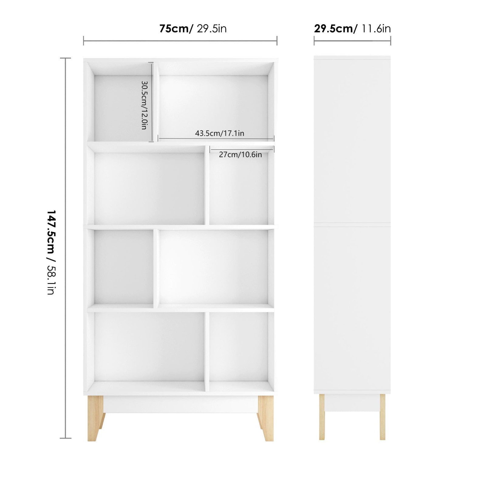 Homfa Kid Bookcase, 58.1H Bookshelf 4-Tier Storage Rack with Wood Legs, Organizer Stand for Books Toys, White