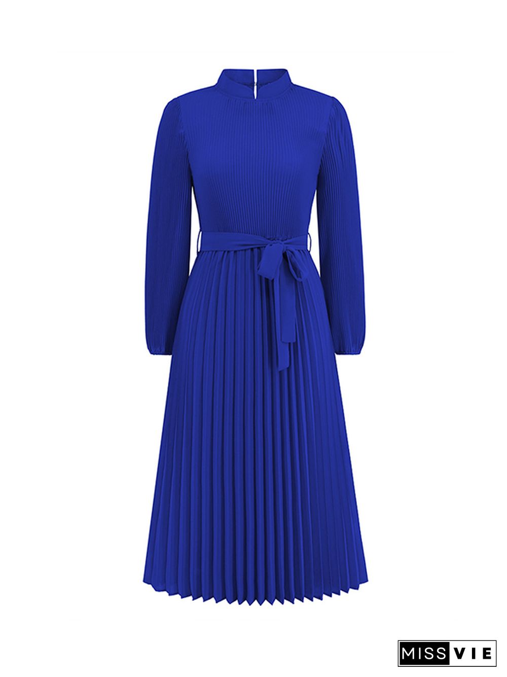 Bishop Sleeve High Waisted Hollow Pleated Solid Color Tied Waist Mock Neck Midi Dresses