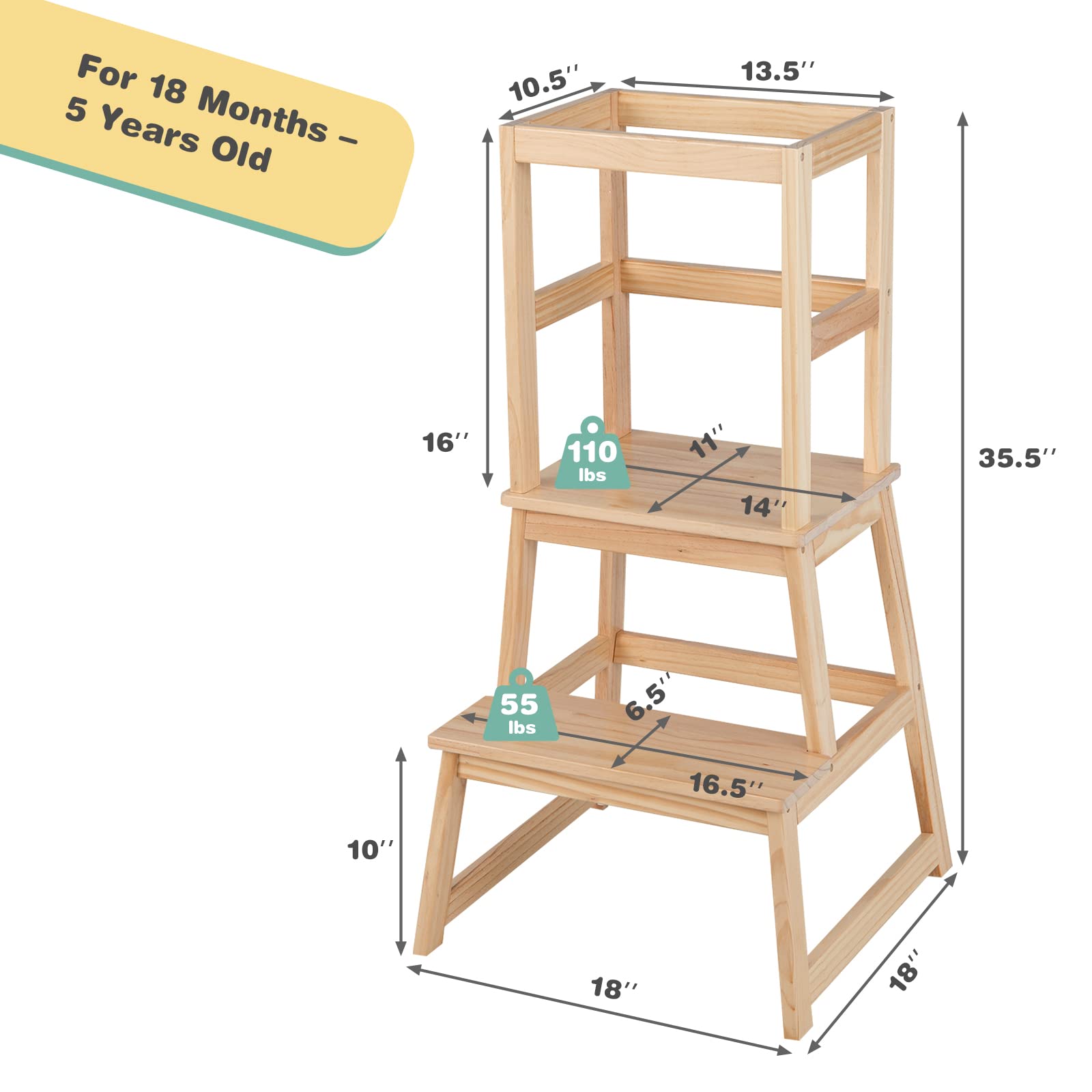 Costzon Kids Kitchen Step Stool with Safety Rail, 2 in 1 Solid Wood