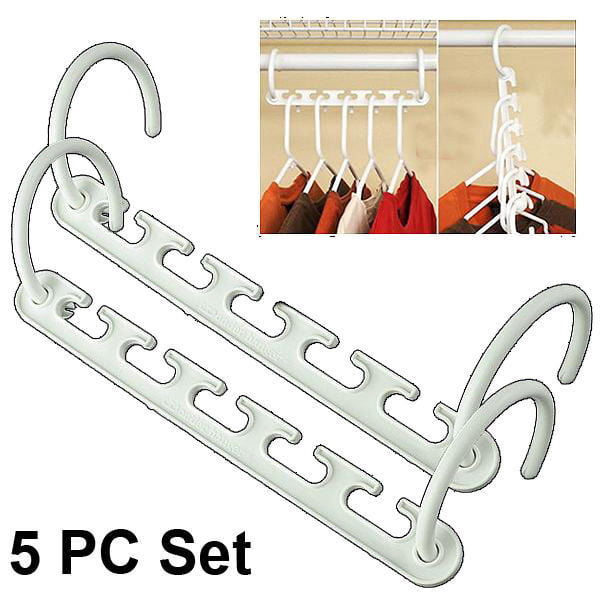 Plastic Cascading Space Saving Closet Hangers - 5pc Set for Vertical Clothes Organization, 360 Swivel Action & Hanger Extenders - Maximize Closet Space & Clothing Storage