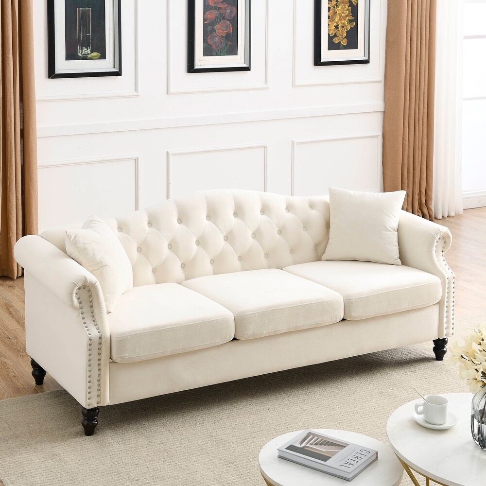 Velvet Upholstered Chesterfield Sofa Set w/Nailhead Tufted Back Sectional Sofa Set w/Flared Arms for Livingroom