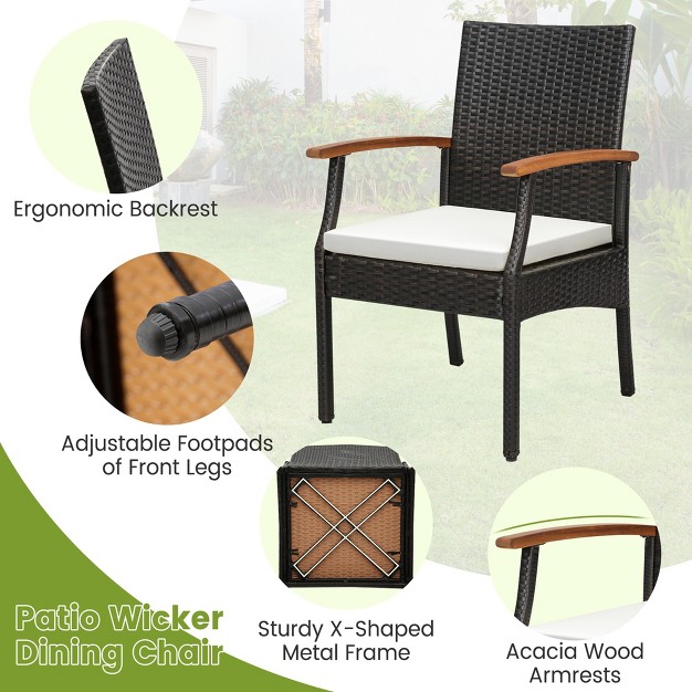 Costway 5pcs Patio Wicker Dining Set Cushion Acacia Wood Armchairs Table With Umbrella Hole