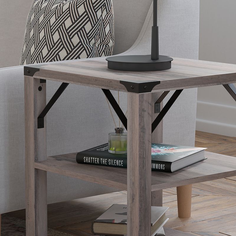 Flash Furniture Wyatt Modern Farmhouse Wooden 3-Tier End Table with Black Metal Accents