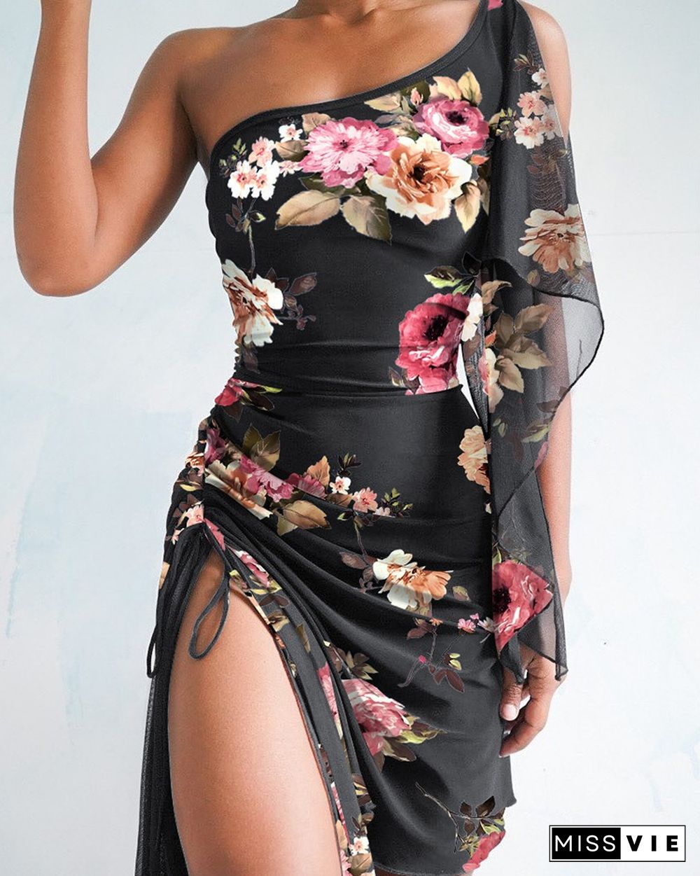 One Shoulder Asymmetrial Ethereal Pleated Slit Floral Print Dress