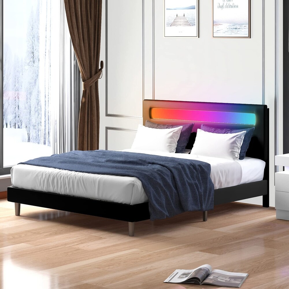 Mixoy Platform Bed Frame with Smart RGB LED Light Strip Bed Frame with Adjustable Headboard  Compatible with Alexa   App