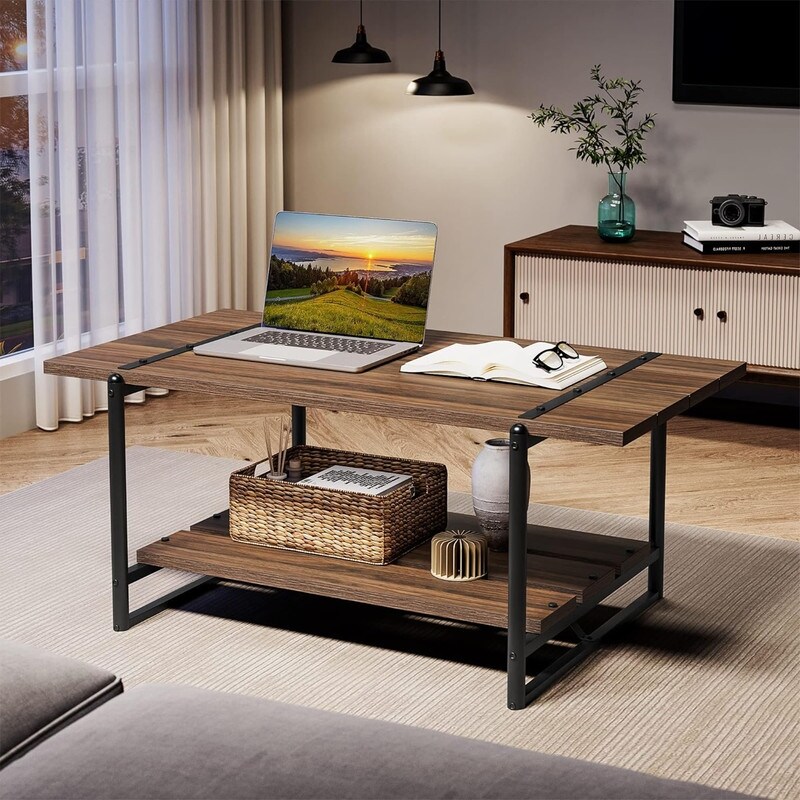 2 Tier Modern Industrial 41'' Large Wooden Coffee Table with Storage Shelf