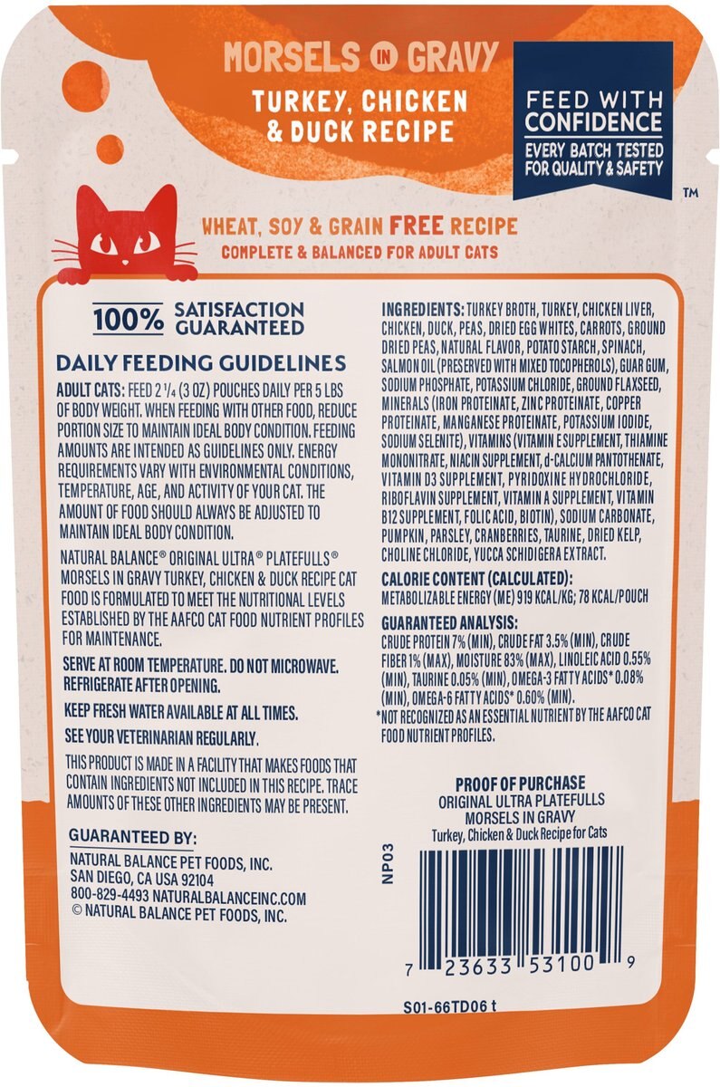 Natural Balance Platefulls Turkey， Chicken and Duck Formula in Gravy Grain-Free Cat Food Pouches