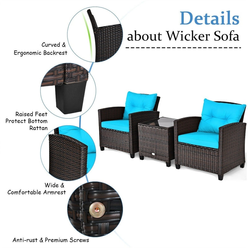 3 Pieces Patio Rattan Furniture Set Outdoor Wicker Conversation Set with Washable Cushion and Coffee Table