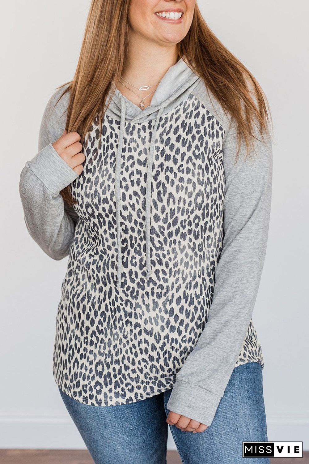 Plus Leopard Contrast Hood Long Sleeve Hoodie