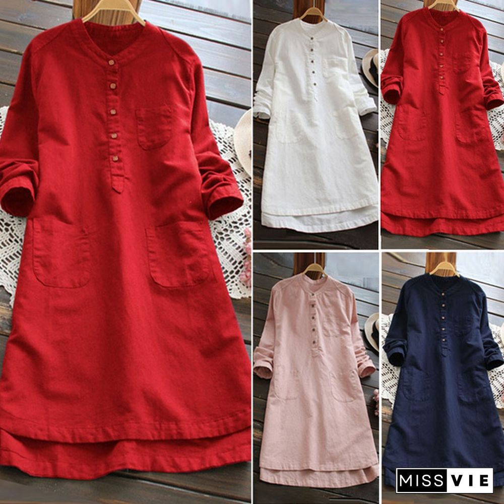 Women Long Sleeve Buttons Neck Long Shirt Dress Mini Dress Tops Mini Robe Plus