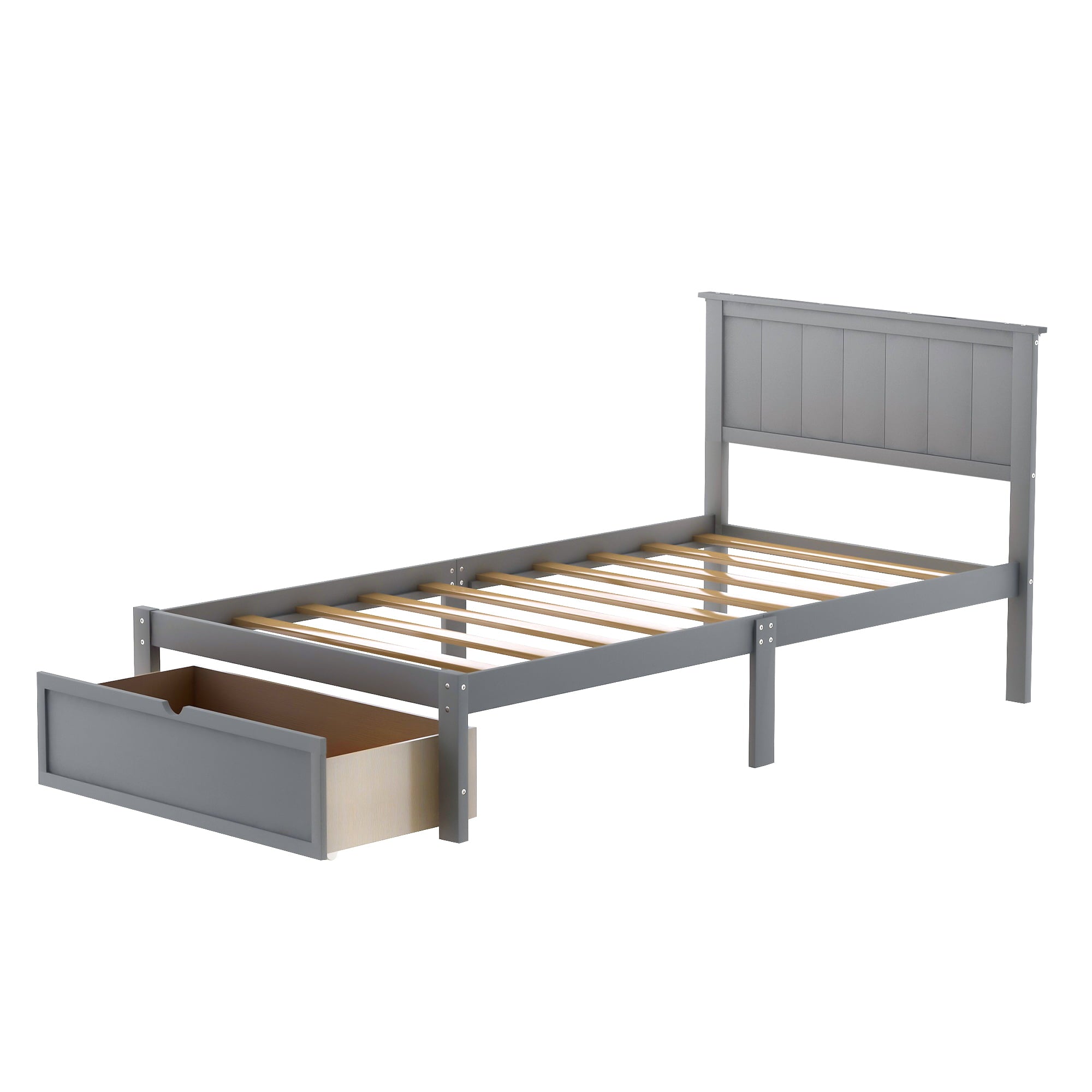 EUROCO Twin Wood Platform Bed with Headboard & Big Storage Drawer for Kids, Gray