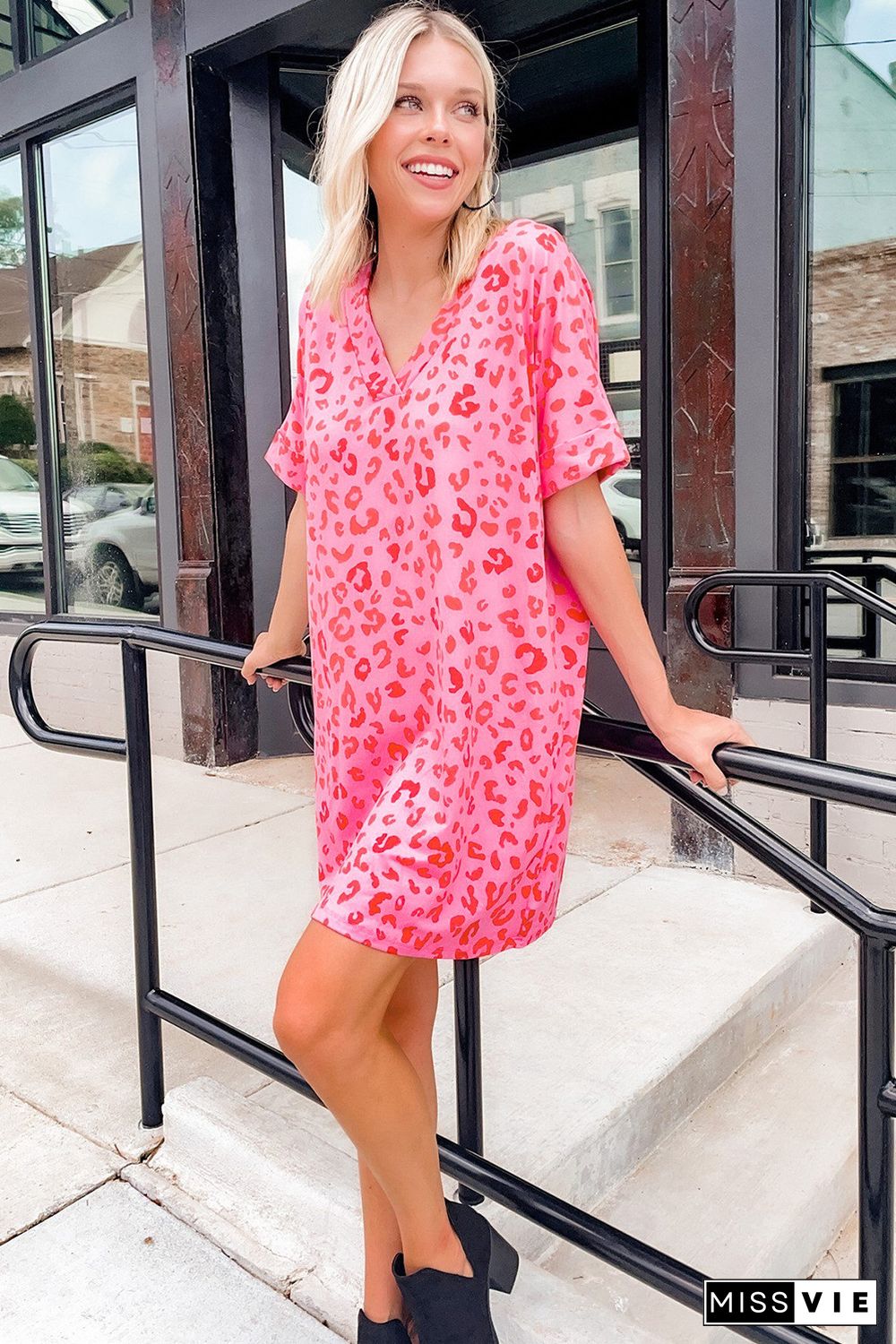 Pink Leopard Print V Neck Shift T-shirt Dress