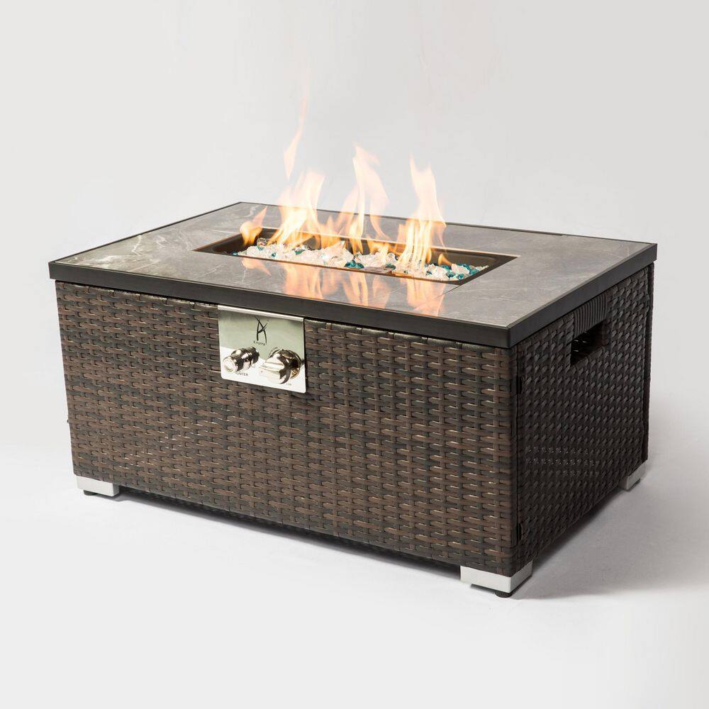 50000 BTU Brown Rattan 32 in. Fire Table Gas Fire Pit Table with Tile Tabletop and Waterproof Rain Cover Suiyuaneryu-70