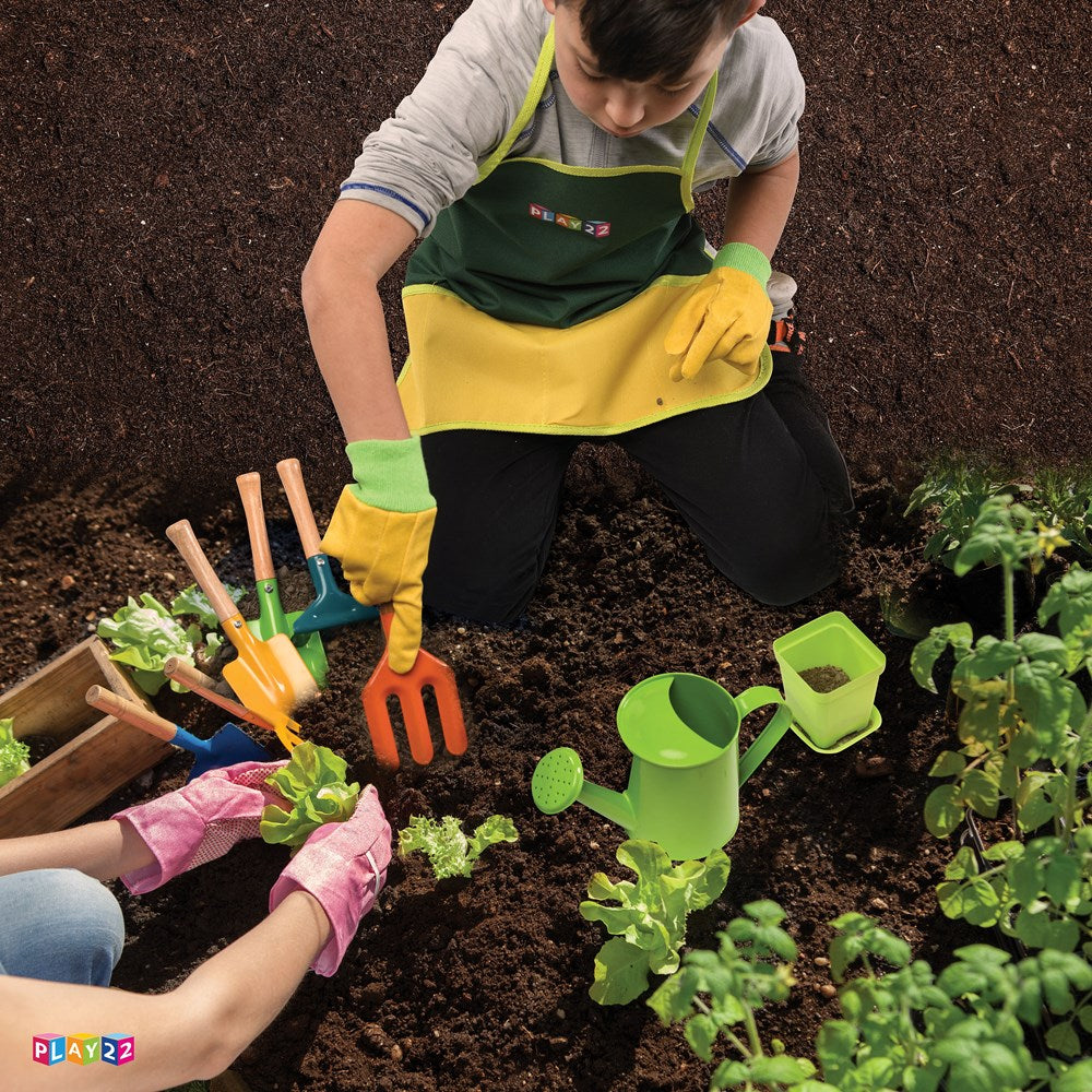 Kids Gardening Tool Set 12 PCS - Includes Shovel, Rake, Fork, Trowel, Apron, Gloves, Watering Can and Tote Bag - Wooden Gardening Tools for Kids - Play22USA