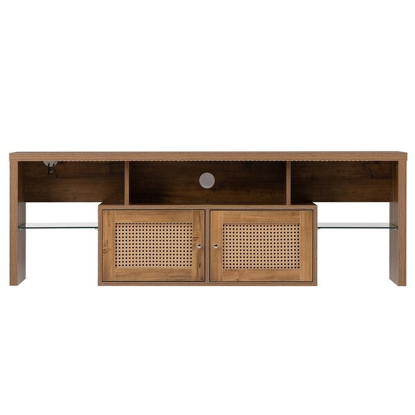 Rustic Rattan LED TV Stand with Adjustable Shelves， for TV ups to 60''