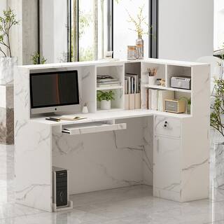 FUFUGAGA 55.9 in. L Shaped Marble Wood Reception Desk Computer Desk with Shelves and Cabinet Writing Table Workstation WFKF210088-03