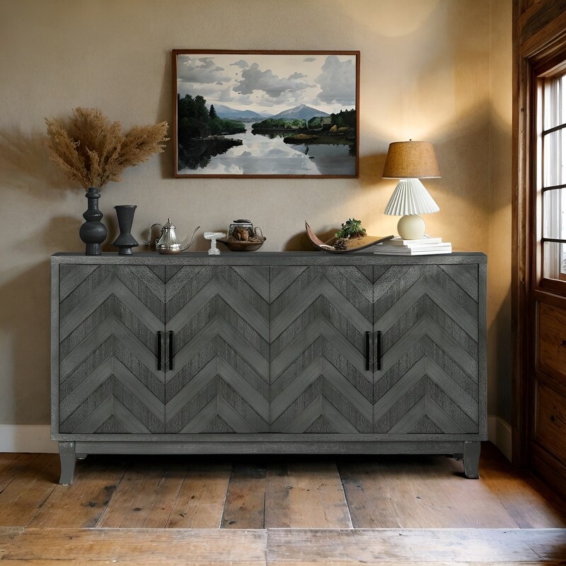 Vintage Style Storage Cabinet  Accent Storage 4 Doors Wooden Cabinets  for Entryway  Living Room  Antique Dark Grey