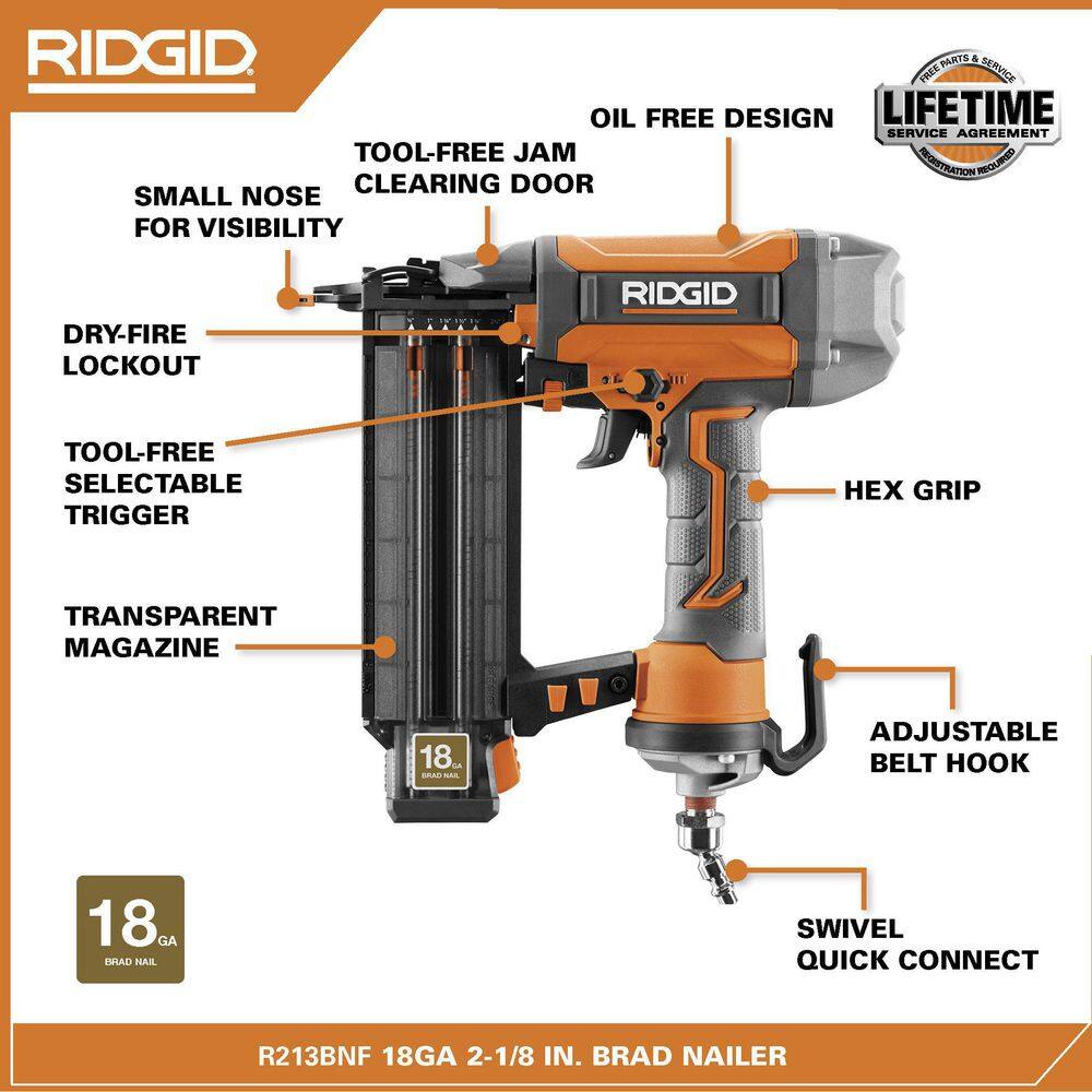 RIDGID Pneumatic 18-Gauge 2-18 in. Brad Nailer with CLEAN DRIVE Technology Tool Bag and Sample Nails R213BNF