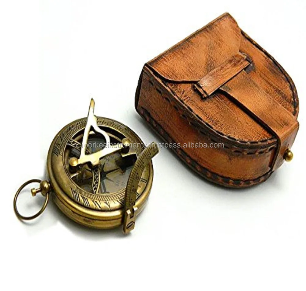 Antique Nautical Vintage Directional Magnetic Sundial Clock Pocket Brass Sundial Compass With Handmade Leather Case