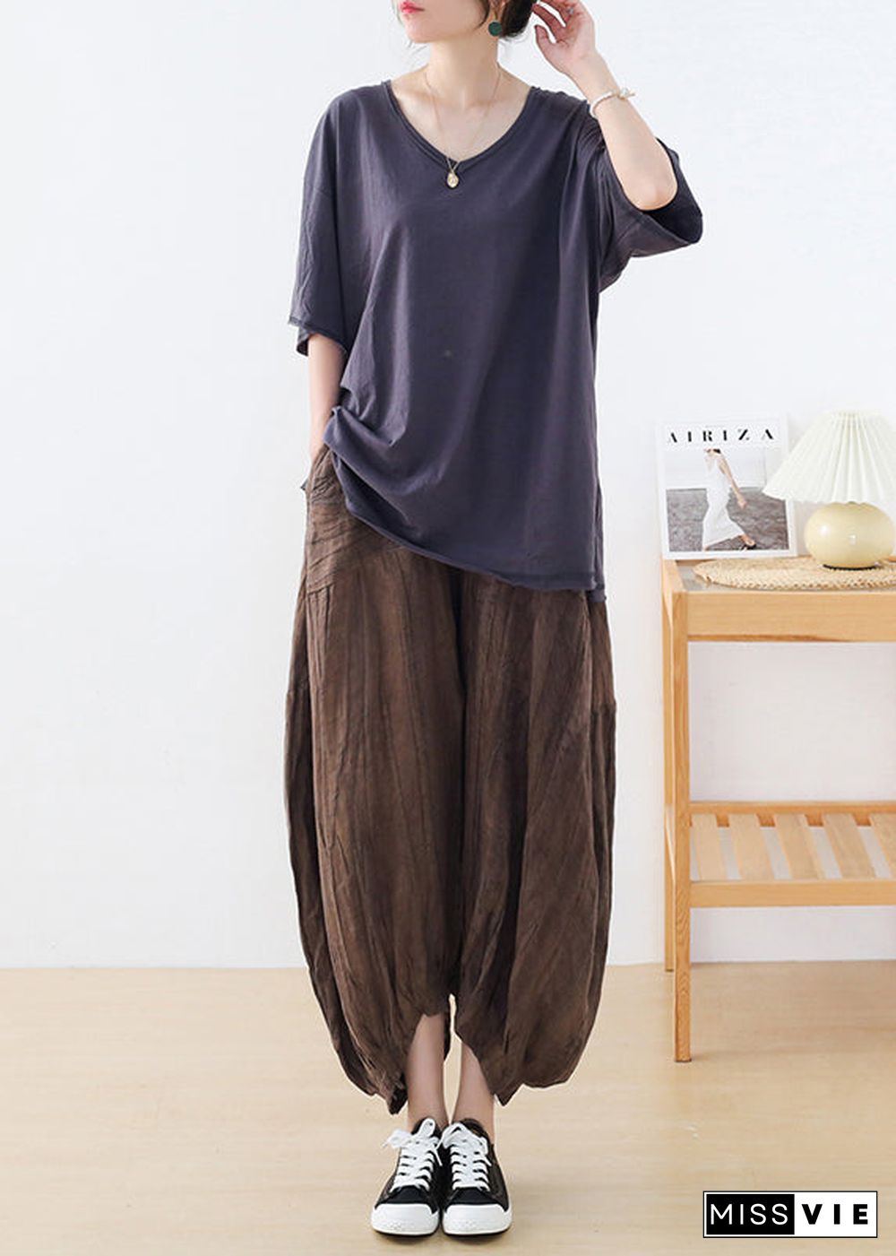 Casual Coffee Tie Dye Wrinkled Linen Lantern Pants Fall