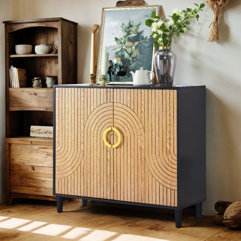 2 Doors Elegant Buffet Sideboard  Black+Natural