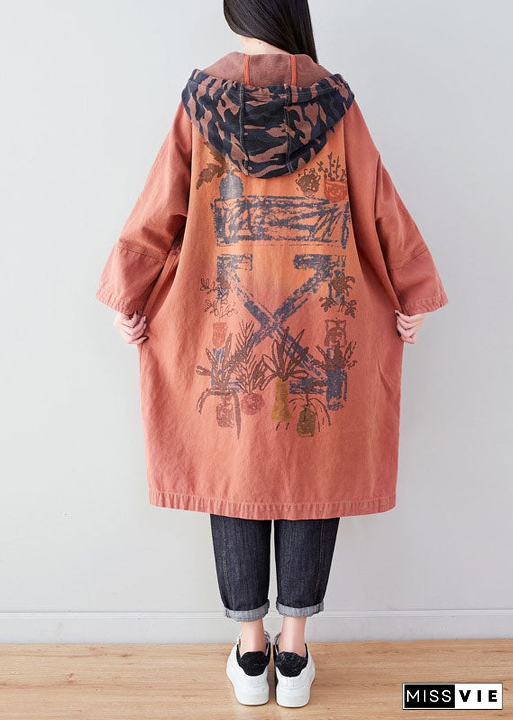 Orange Pockets Patchwork Print Cotton Hoodie Coat Spring