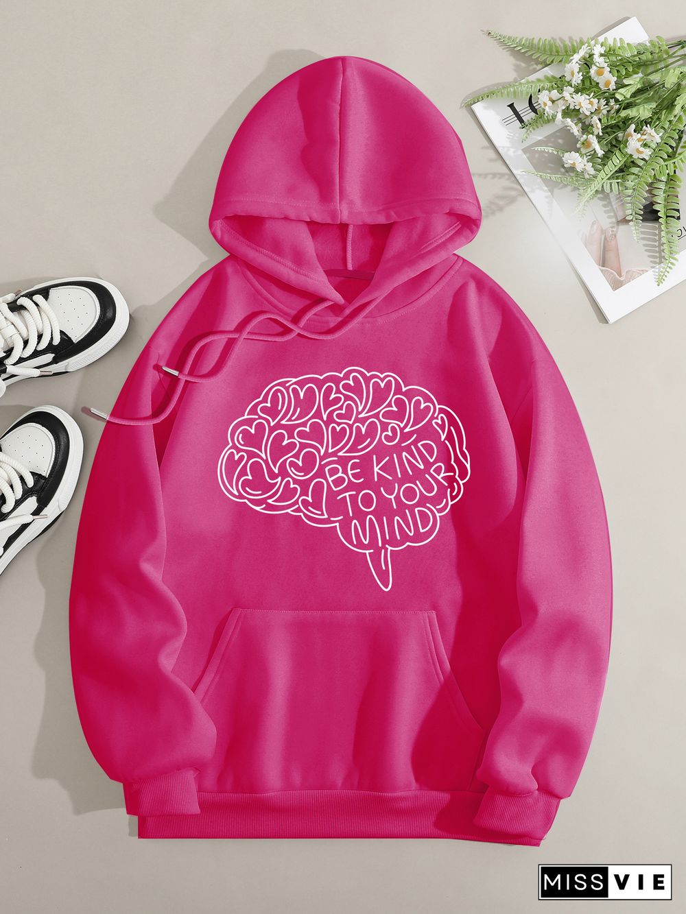 Printed on front Kangaroo Pocket Hoodie Long Sleeve for Women Pattern be kind to your mind