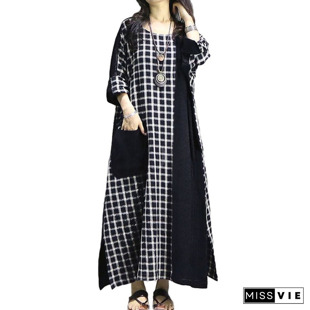 Zanzea Women Plaid Check Round Neck Long Sleeve Kaftan Baggy Patchwork Maxi Dress New Fashion