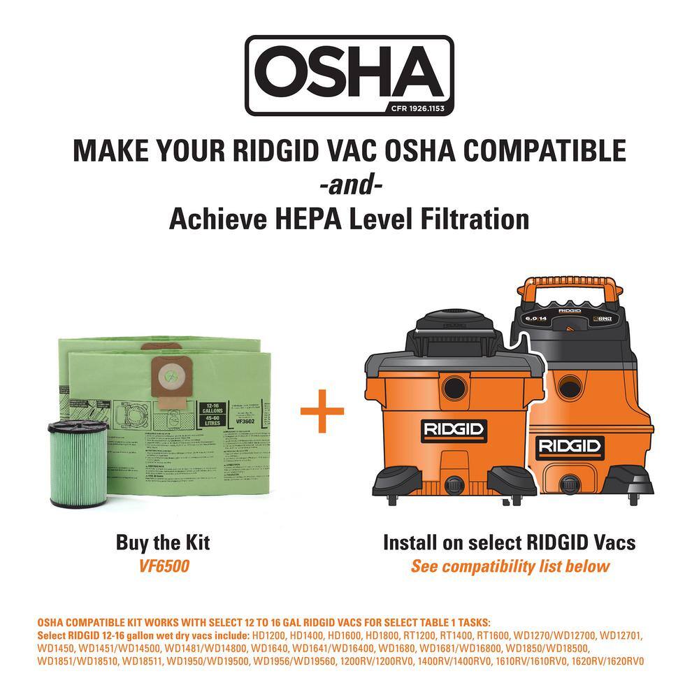 RIDGID 16 Gallon 6.5 Peak HP NXT WetDry Shop Vacuum Fine Dust Filter Locking Hose Accessories OSHA and HEPA Filtration Kit HD1800A