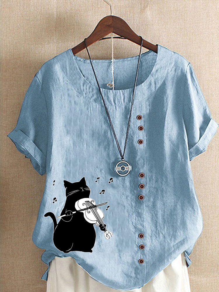 Round Neck Casual Loose Cat Print Short Sleeve Blouse