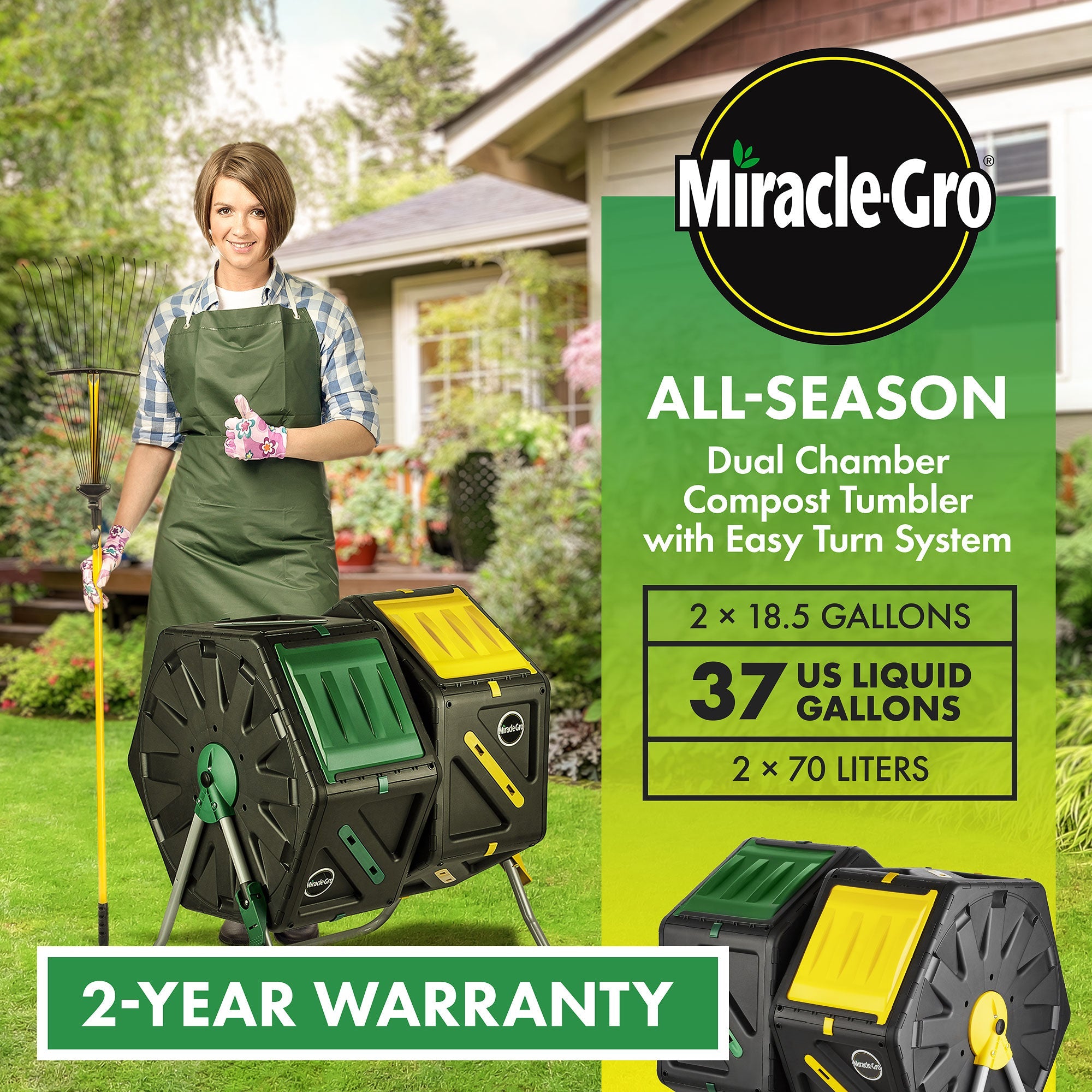 Miracle Gro Dual Chamber Compost Tumbler Outdoor Bin with Easy-Turn System, 2 Sliding Doors, Sturdy Steel Frame, All Season Composter , BPA-Free - Gardening Gloves included