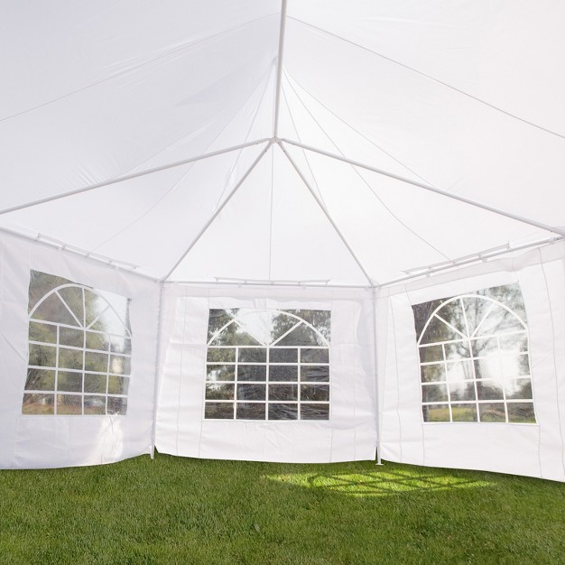 Outsunny Canopy Party Event Tent With 2 Pull back Doors Column less Event Space amp Cathedral Windows White