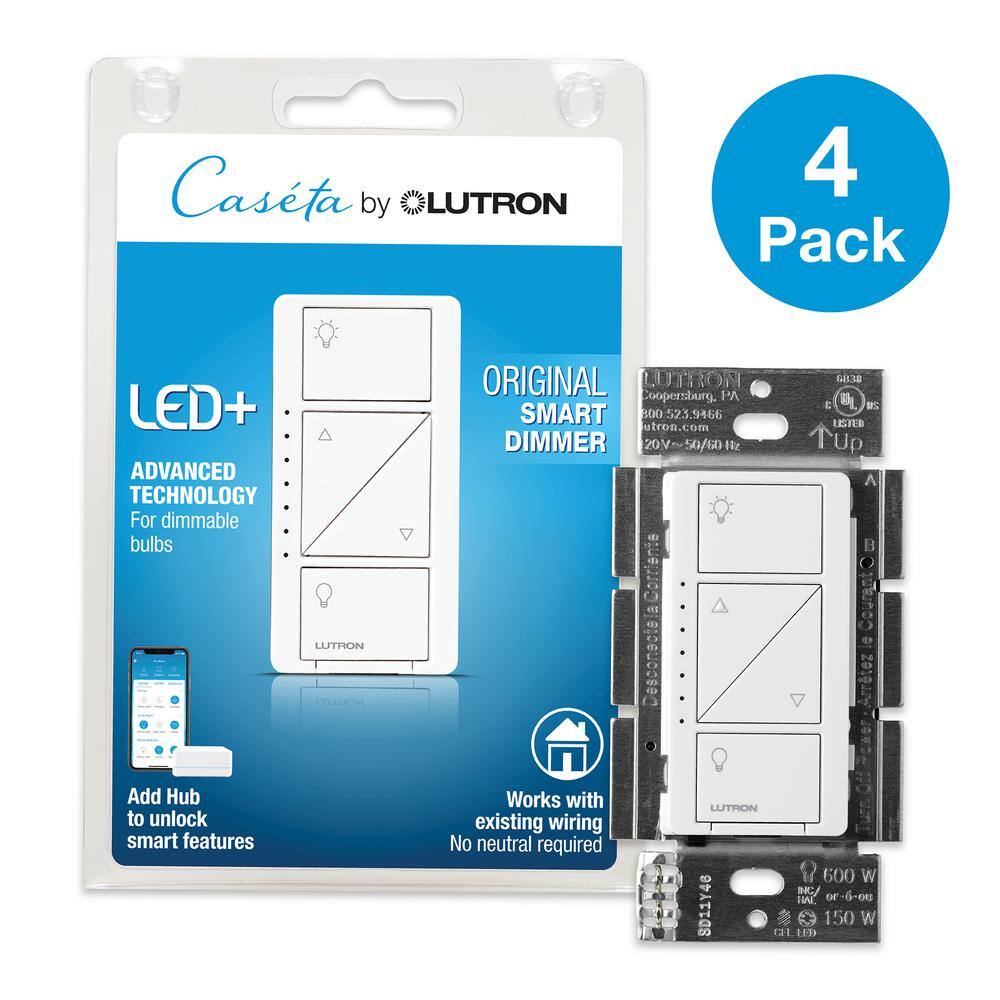 Lutron Caseta Smart Dimmer Switch for Wall  Ceiling Lights 150W LED White (PD-6WCL-WH-R-4) (4-Pack) PD-6WCL-WH-R-4