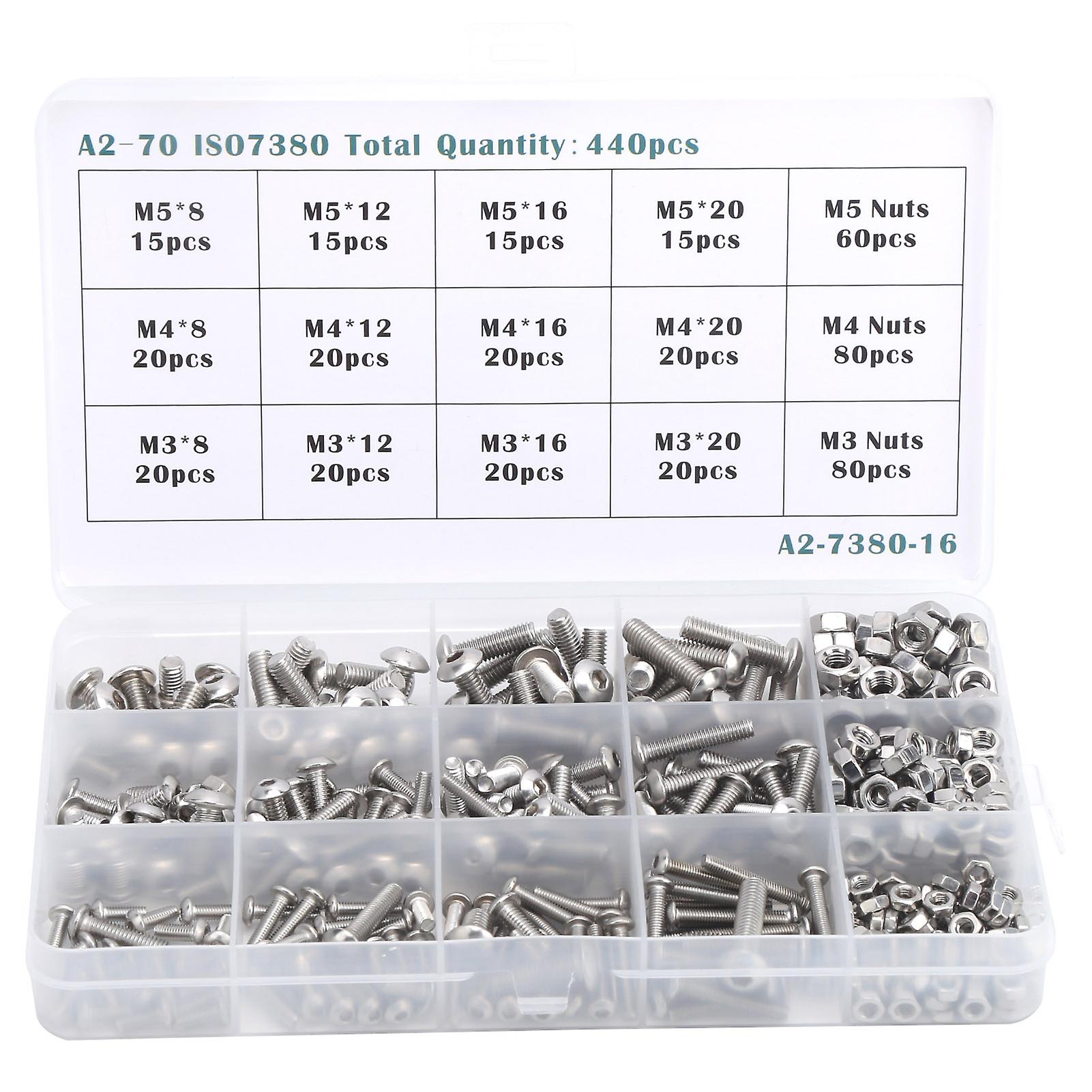 440pcs M3/m4/m5 Hex Socket Screw With Nut Assortment Set Stainless Steel Fastener Hardware