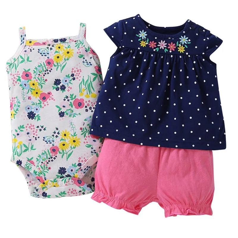 3 Pieces Newborn Infant Baby girl clothes 2023 Summer Cute Cartoon Bodysuit+Tops+Shorts Soft Cotton Bebies Kids Outfits