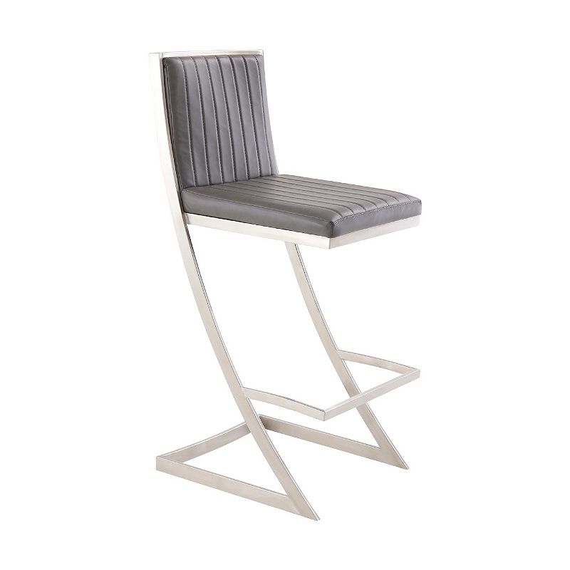 Barstool with Channel Stitching and Angled Cantilever Base， Gray and Silver