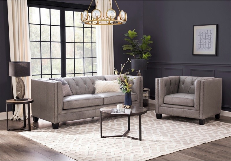 Bowery Hill Leather Chesterfield Accent Chair In Grey   Transitional   Armchairs And Accent Chairs   by Homesquare  Houzz