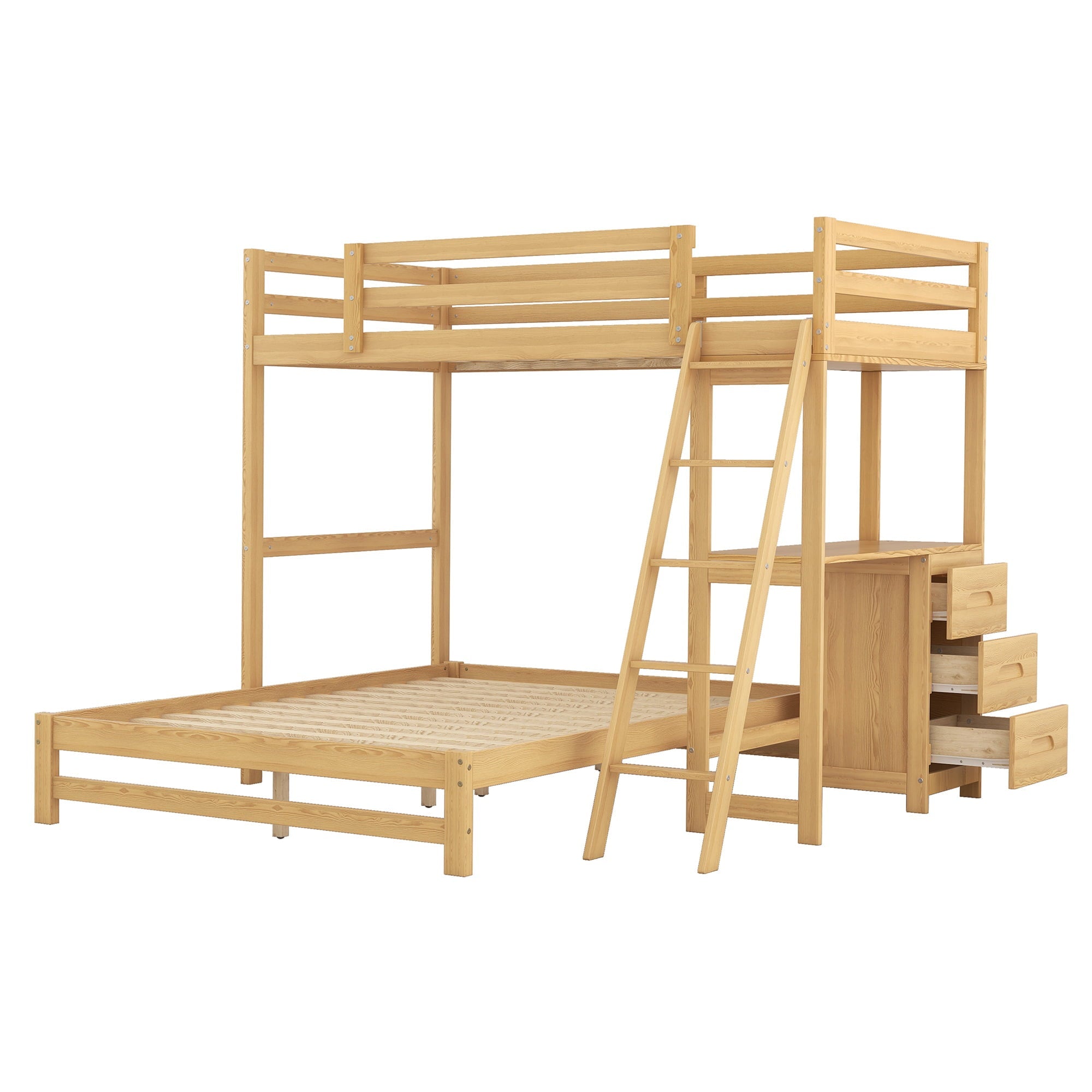 EUROCO Twin over Full Bunk Bed with Desk and Drawers for Kids, Natural