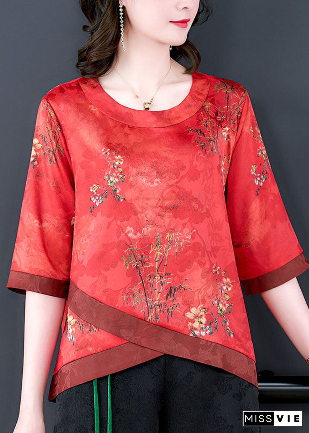 French Red O Neck Print Patchwork Silk Shirt Tops Summer