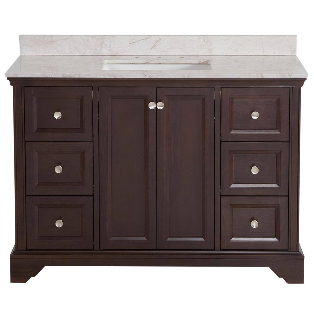 Home Decorators Collection Stratfield 49 in. W x 22 in. D Bathroom Vanity in Chocolate with Stone Effect Vanity Top in Dune with White Sink SF48P2V19-CH