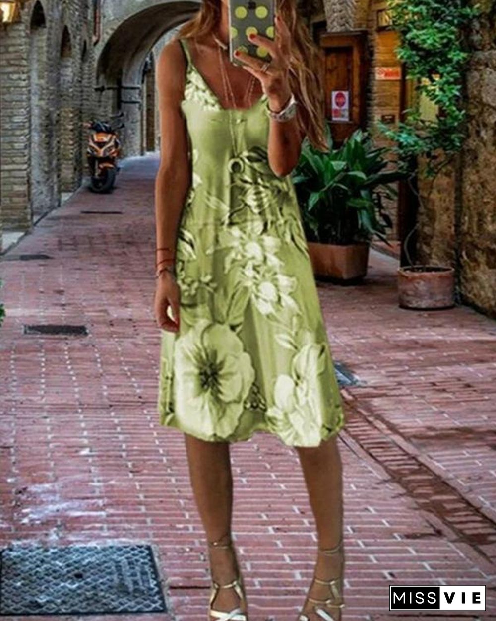 Women's Sundress Knee Length Dress Sleeveless Floral Print Summer Dress