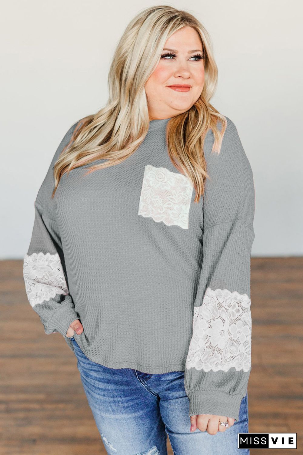 Gray Lace Patchwork Waffle Knit Plus Size Blouse