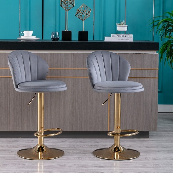 Modern Bar Stools Set of 2 Adjustable Mechanical Lifting Velvet and Golden Leg Bar Stool， Chrome Footrest and Base Swivel Height