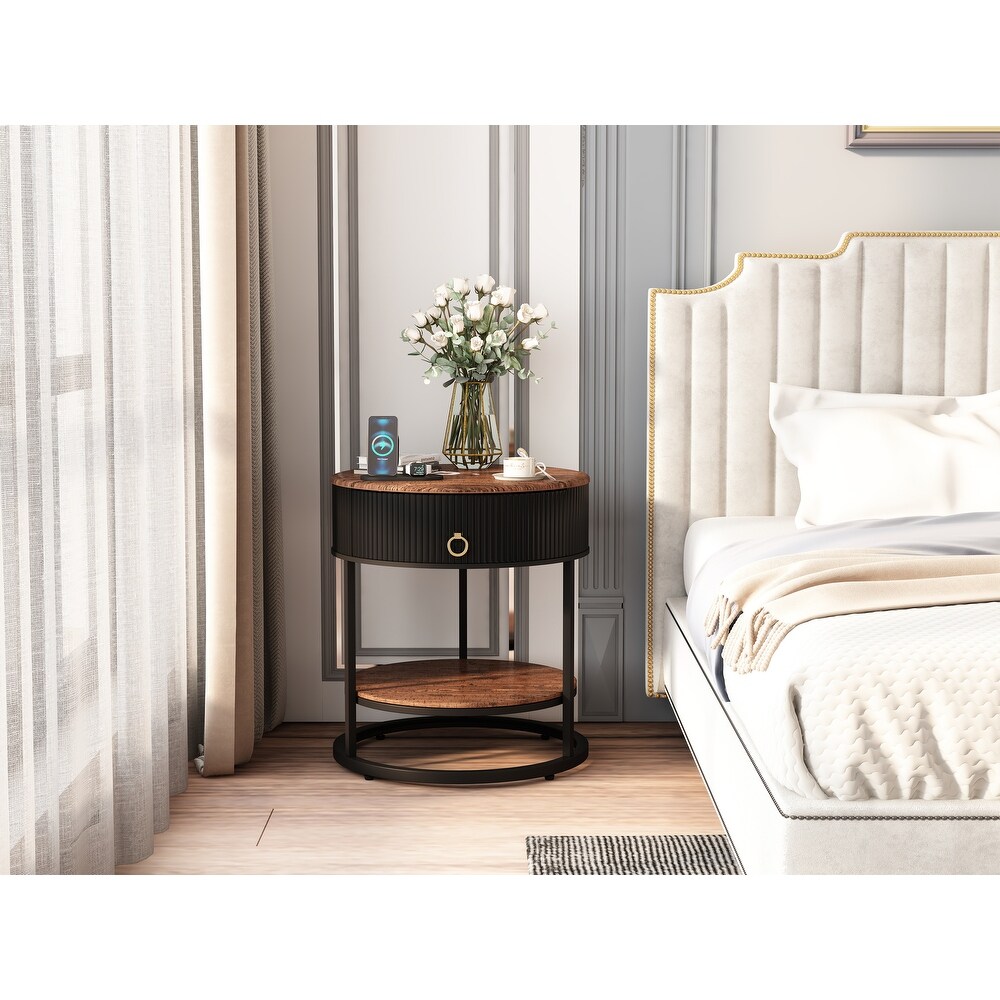 Myhozm Round End Table with Storage  Modern Bedside Furniture for Bedroom  Living Room