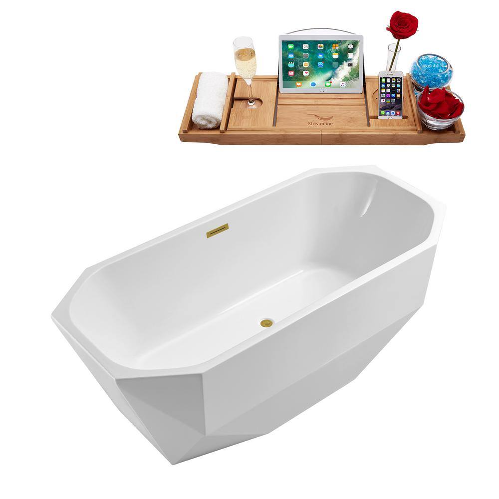 Streamline 67 in. Acrylic Flatbottom Non-Whirlpool Bathtub in Glossy White with Brushed Gold Drain and Overflow Cover N622BGL