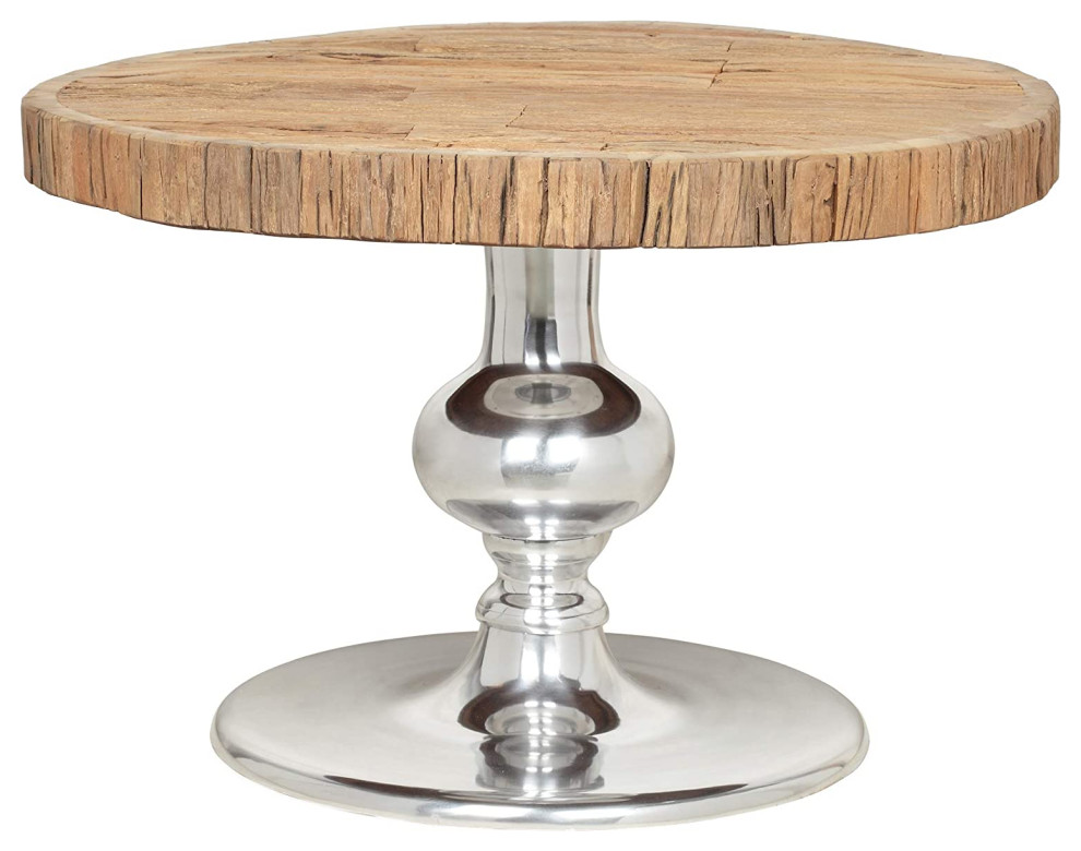 Unique Coffee Table  Shiny Silver Pedestal Base With Raw Wooden Round Top   Contemporary   Coffee Tables   by Declusia  Houzz