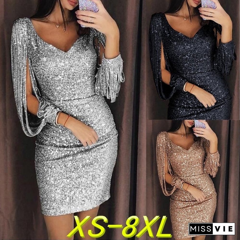 3 Color Xs-8Xl Super Sexy Ladies Vogue Tassels Detail Slit Sleeve Sequin Party Dress Female Nightclub Midi Dresses