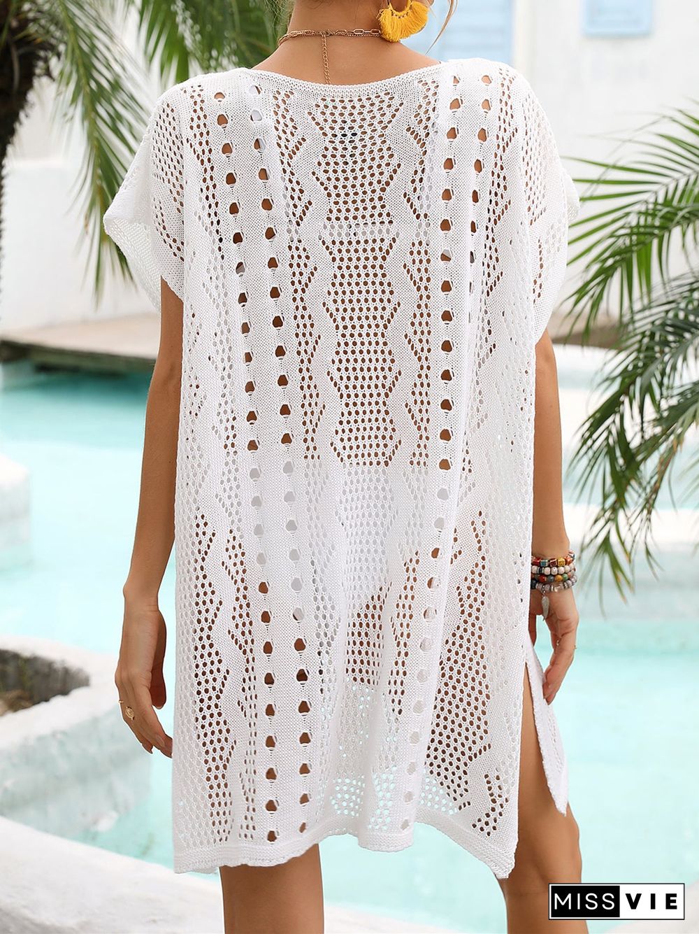 Solid Slit Geometric Hollow V-neck Sleeveless Cover Up